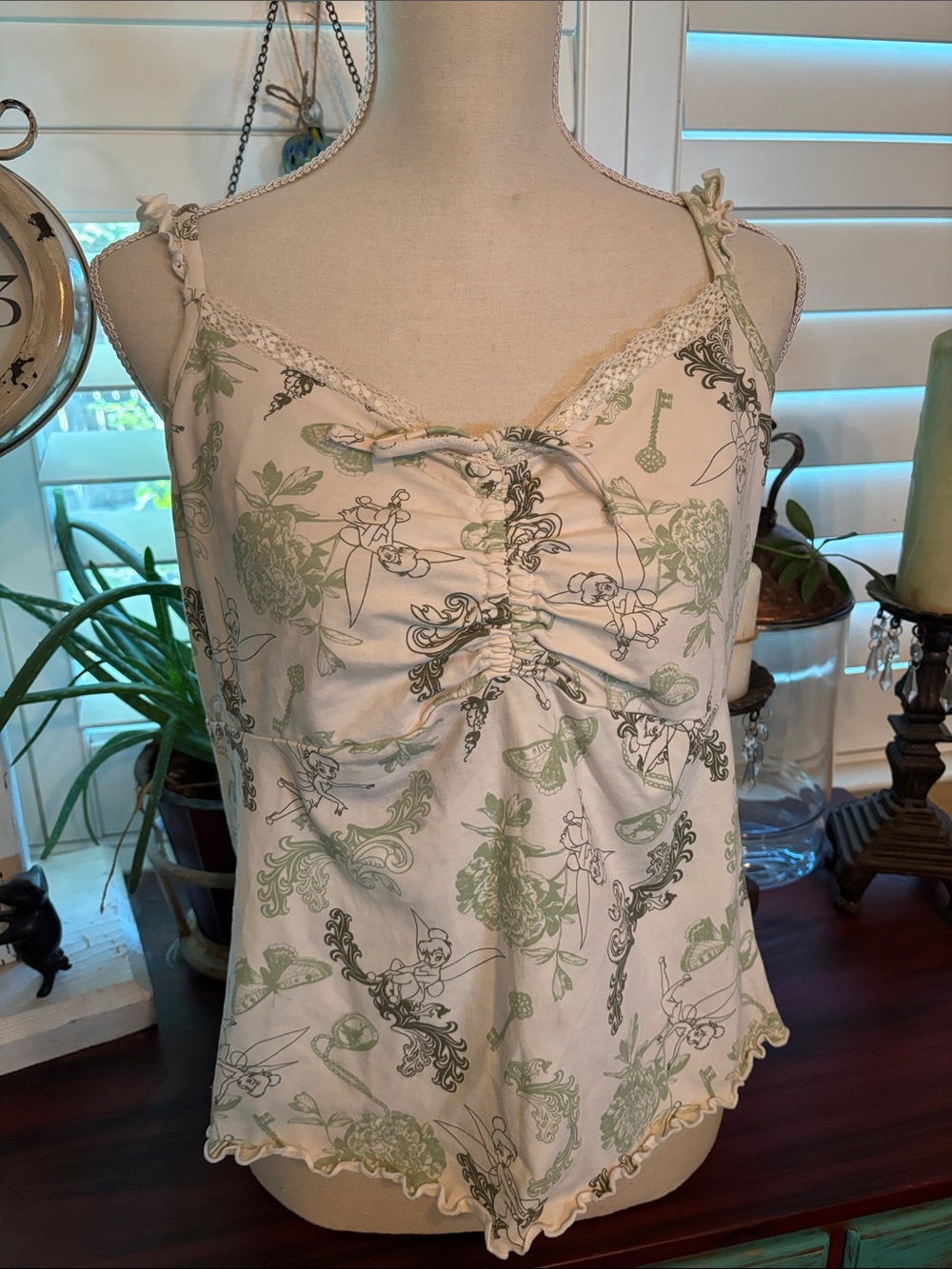 Disney Tinker Bell Cream and Sage Floral Lace-Trim Camisole
